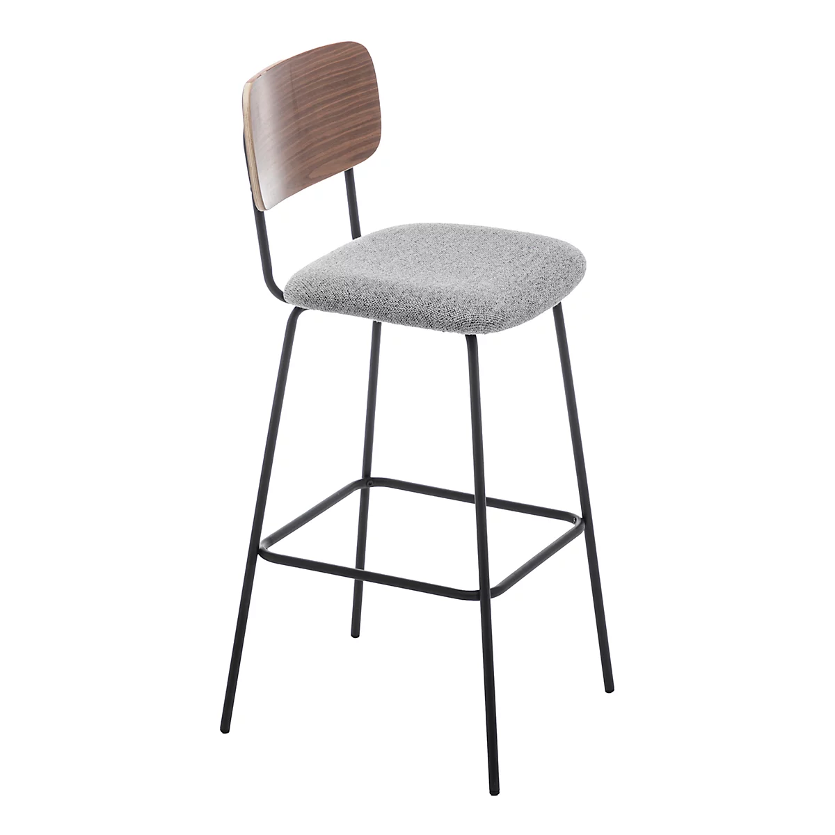Un tabouret de bar sur fond blanc. L'assise est grise, le dossier est marron et le cadre est noir.