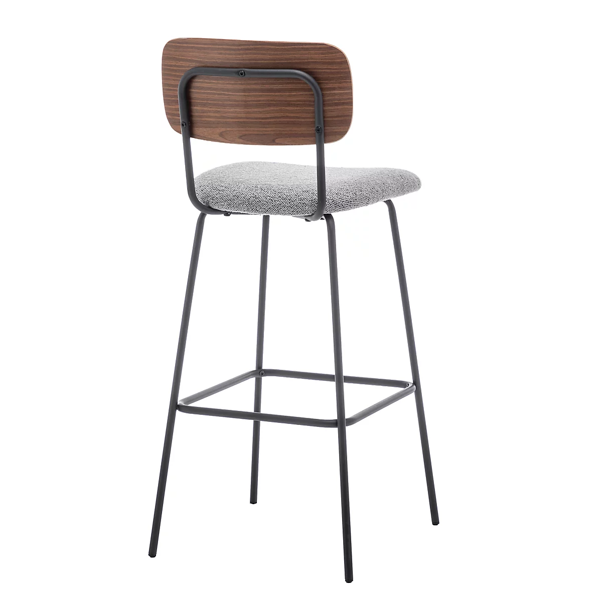 Tabouret haut avec dossier en bois et assise grise. Cadre en métal noir. Vue arrière.
