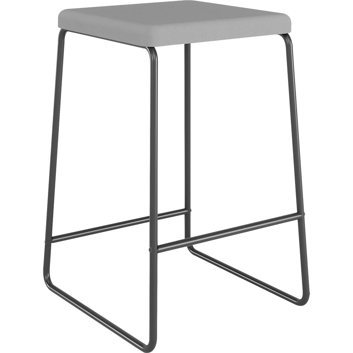 Tabouret de bar moderne avec siège carré gris sur un cadre en métal noir minimaliste.