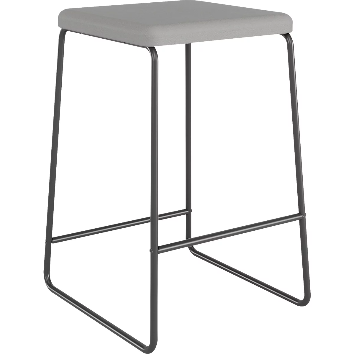 Un tabouret de bar gris avec une assise carrée et une structure en métal noir.