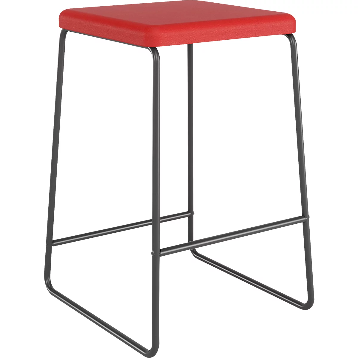 Un tabouret de bar rouge avec une assise carrée et des pieds en métal gris. Le tabouret est illustré sur un fond neutre.