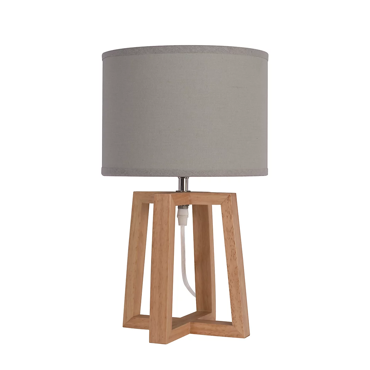 Tischlampe mit grauem Lampenschirm und Holzgestell. Das Gestell ist geometrisch gestaltet.