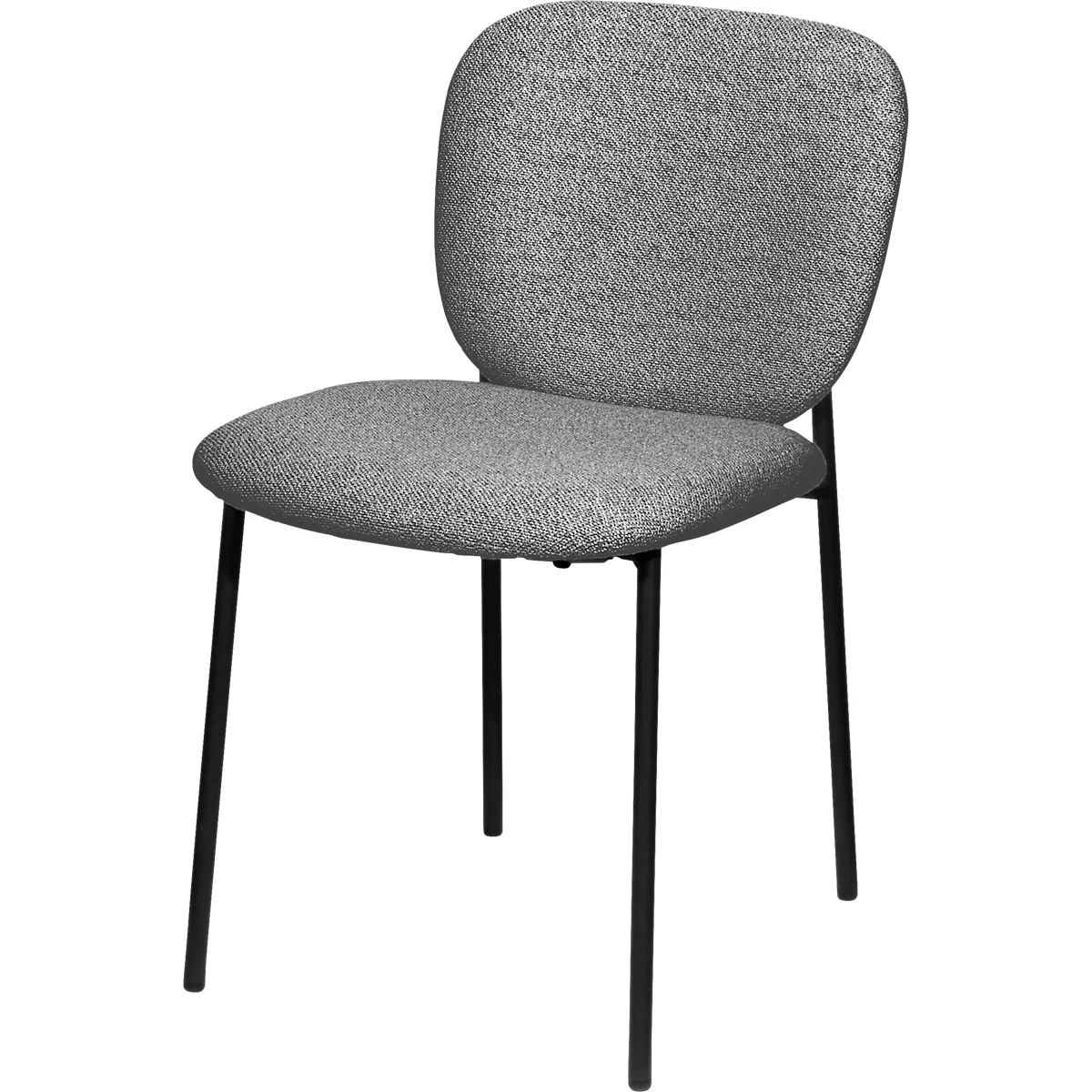 Een grijze stoel met zwart frame, stoffen bekleding en afgeronde rugleuning.