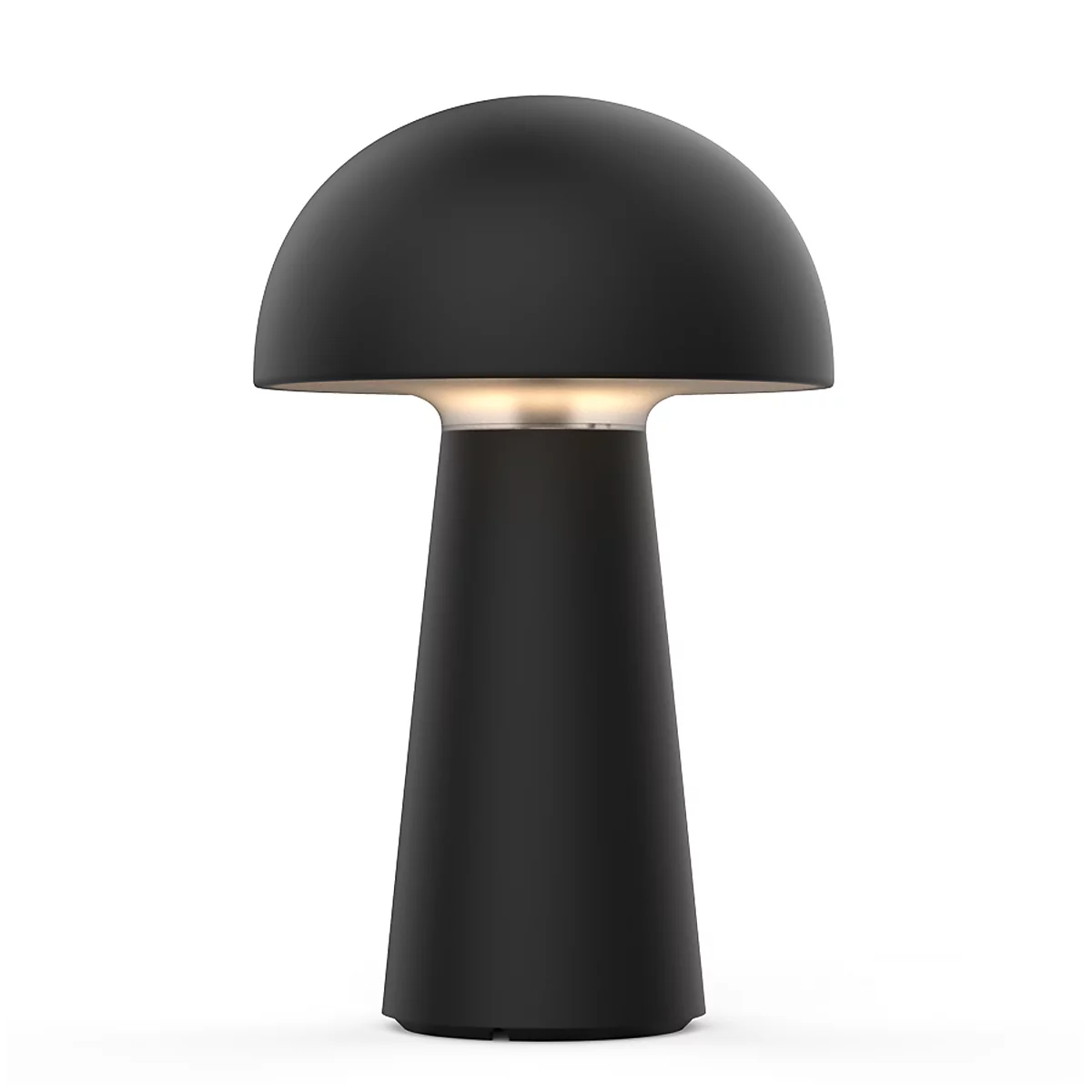 Schwarze Tischlampe in Pilzform, weißer Hintergrund. Die Lampe hat einen runden Schirm und einen konischen Fuß.