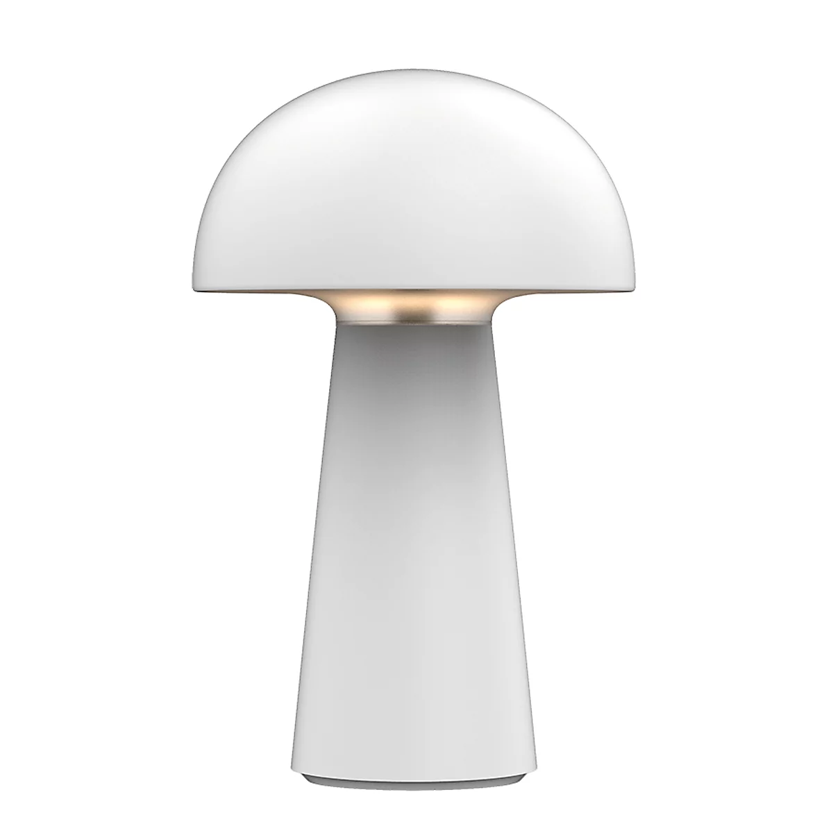 Eine weiße Tischlampe im Pilzdesign. Der Lampenschirm ist rund und die Basis konisch. Der Raum zwischen Schirm und Basis leuchtet.
