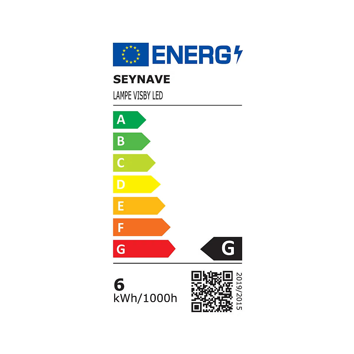 Energielabel für LED-Lampe. Angaben: Hersteller, Lampenname, Energieeffizienz von A bis G, Energieverbrauch, QR-Code.