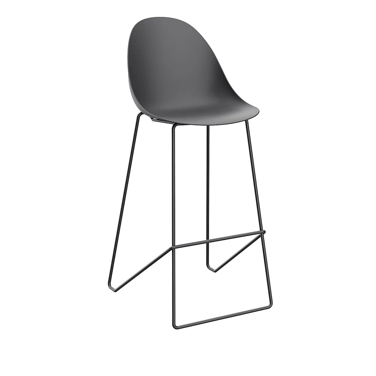 Gray bar stool with metal frame, against a white background.