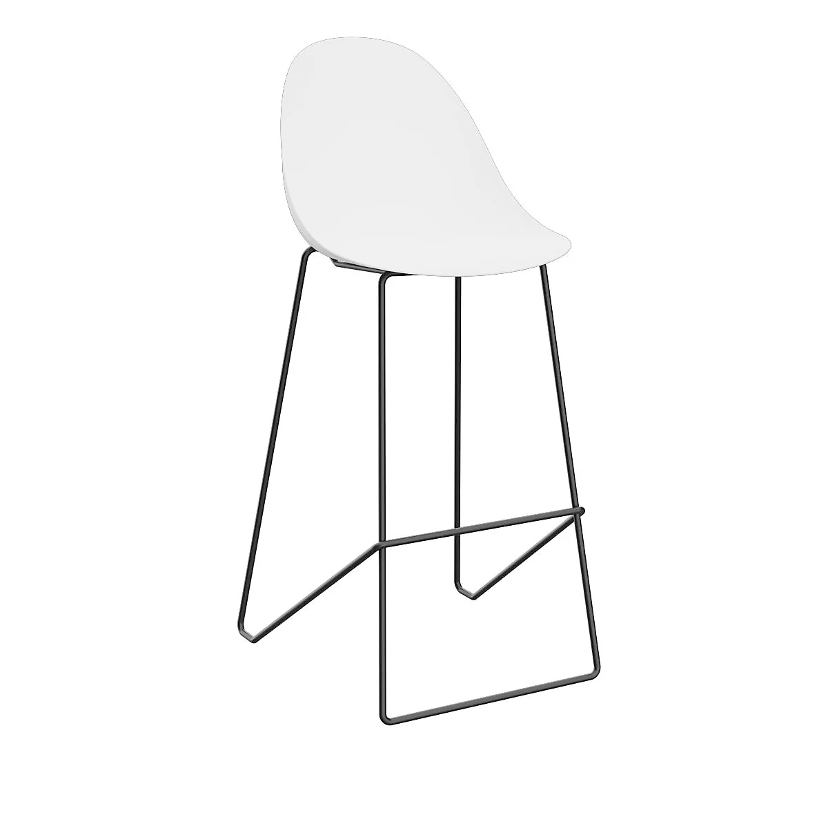 A white bar stool with a black metal frame. The seat is egg-shaped, the legs are tapered.