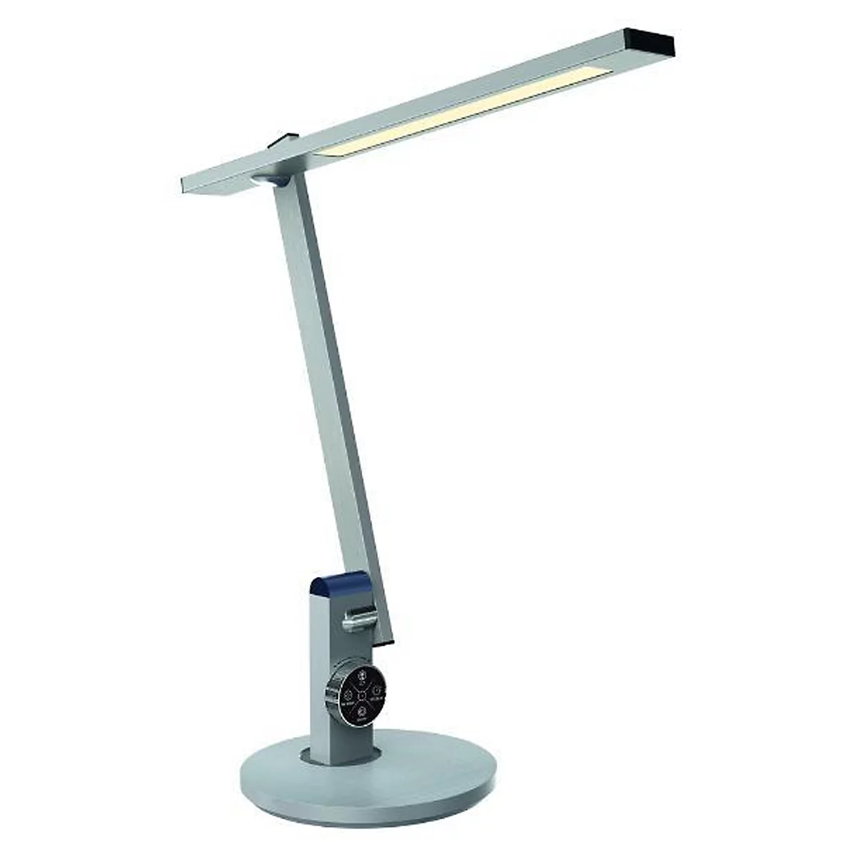 Een moderne, zilveren bureaulamp met LED-verlichting en een ronde voet.