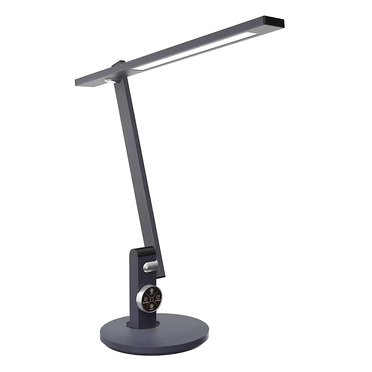 Donkergrijze bureaulamp met LED-lichtbalk en ronde voet. Verstelbare scharnieren.