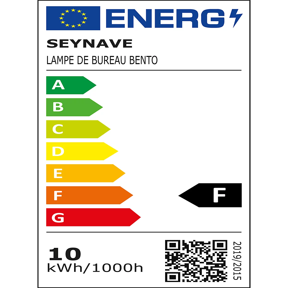 Energielabel van een bureaulamp. Energie-efficiëntieklasse F. Verbruik is 10 kWh/1000h.