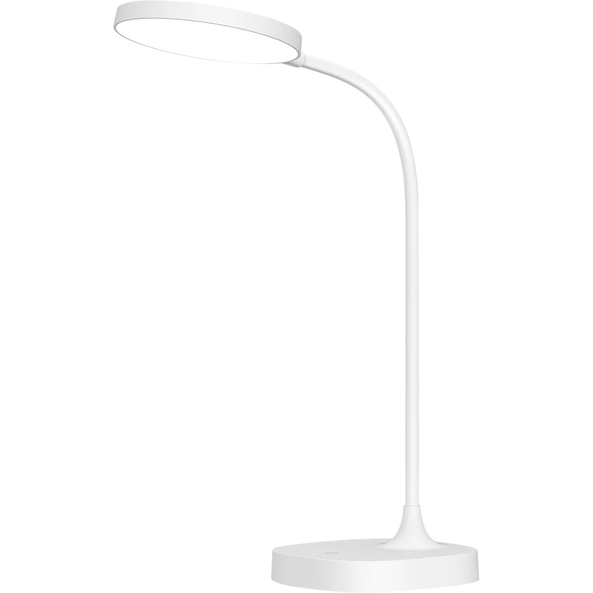 Weiße, elegante Schreibtischlampe mit rundem Lampenschirm und gebogenem Arm, steht auf einem runden Fuß.