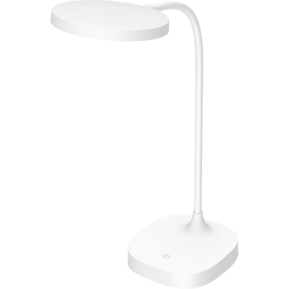 Weiße LED-Schreibtischlampe, runder Leuchtkopf, gebogener Arm, quadratischer Fuß. An-/Ausschalter. 
