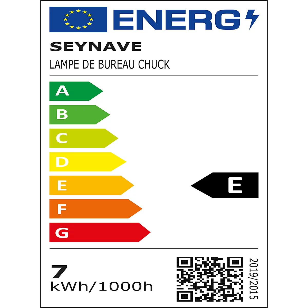 Energielabel voor een bureaulamp. Energie-efficiëntieklasse E. 7 kWh/1000h.