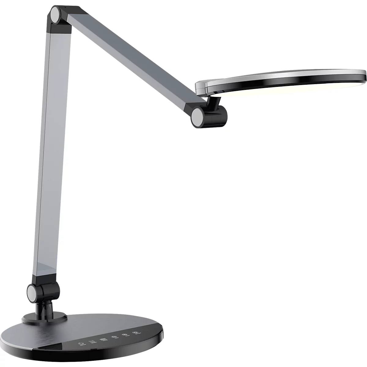 Een elegante bureaulamp met verstelbare armen en een ronde lampenkap.