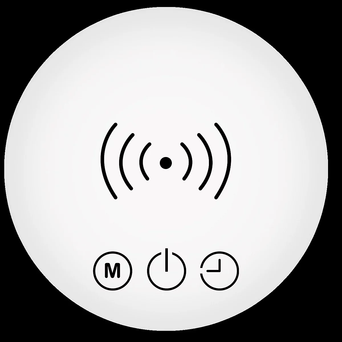 Kreisförmiges Symbol mit Funksymbol und drei weiteren Symbolen: M, Ein-/Aus-Schalter, Uhr.