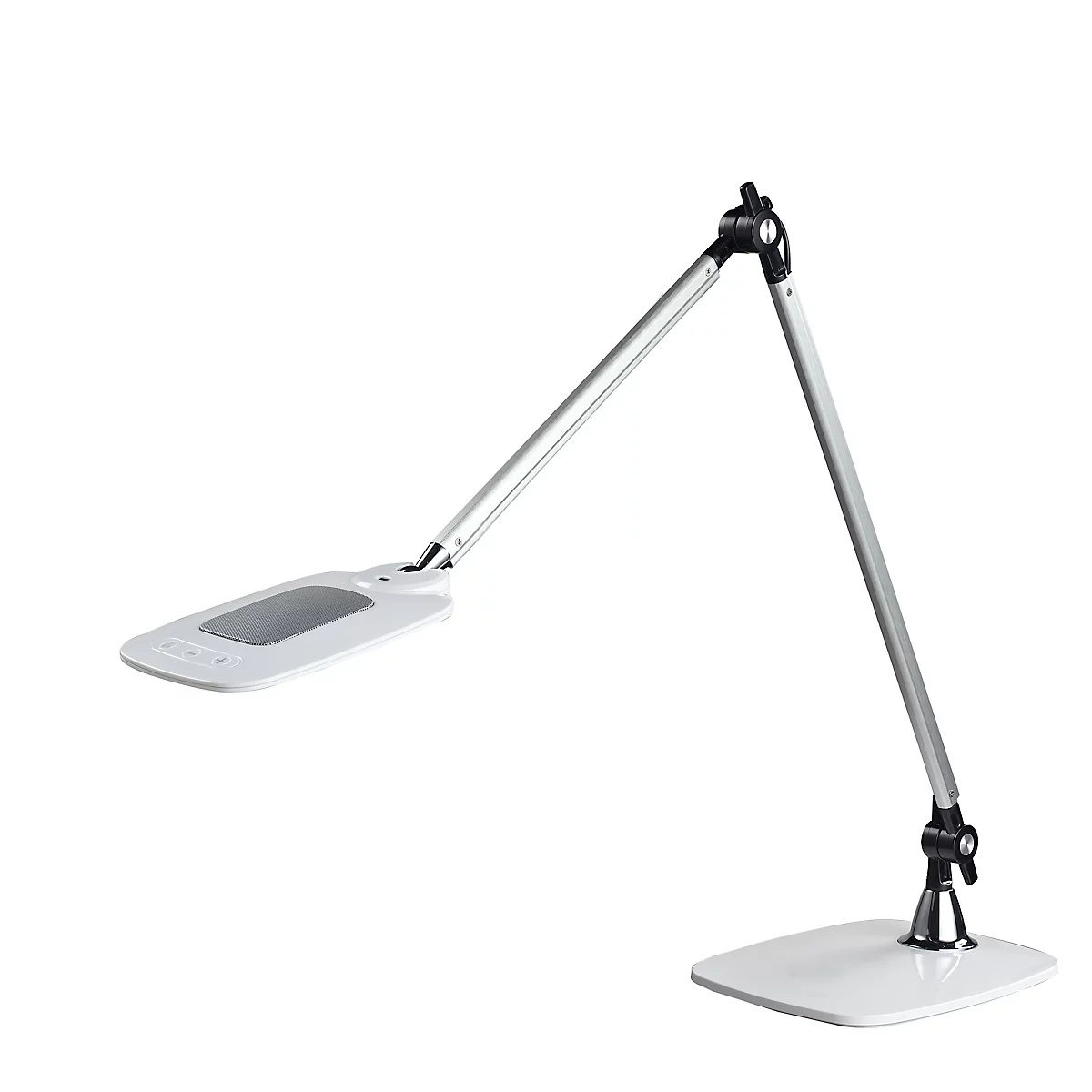 Witte, moderne bureaulamp met rechthoekige kop en verstelbare arm, op een witte voet.
