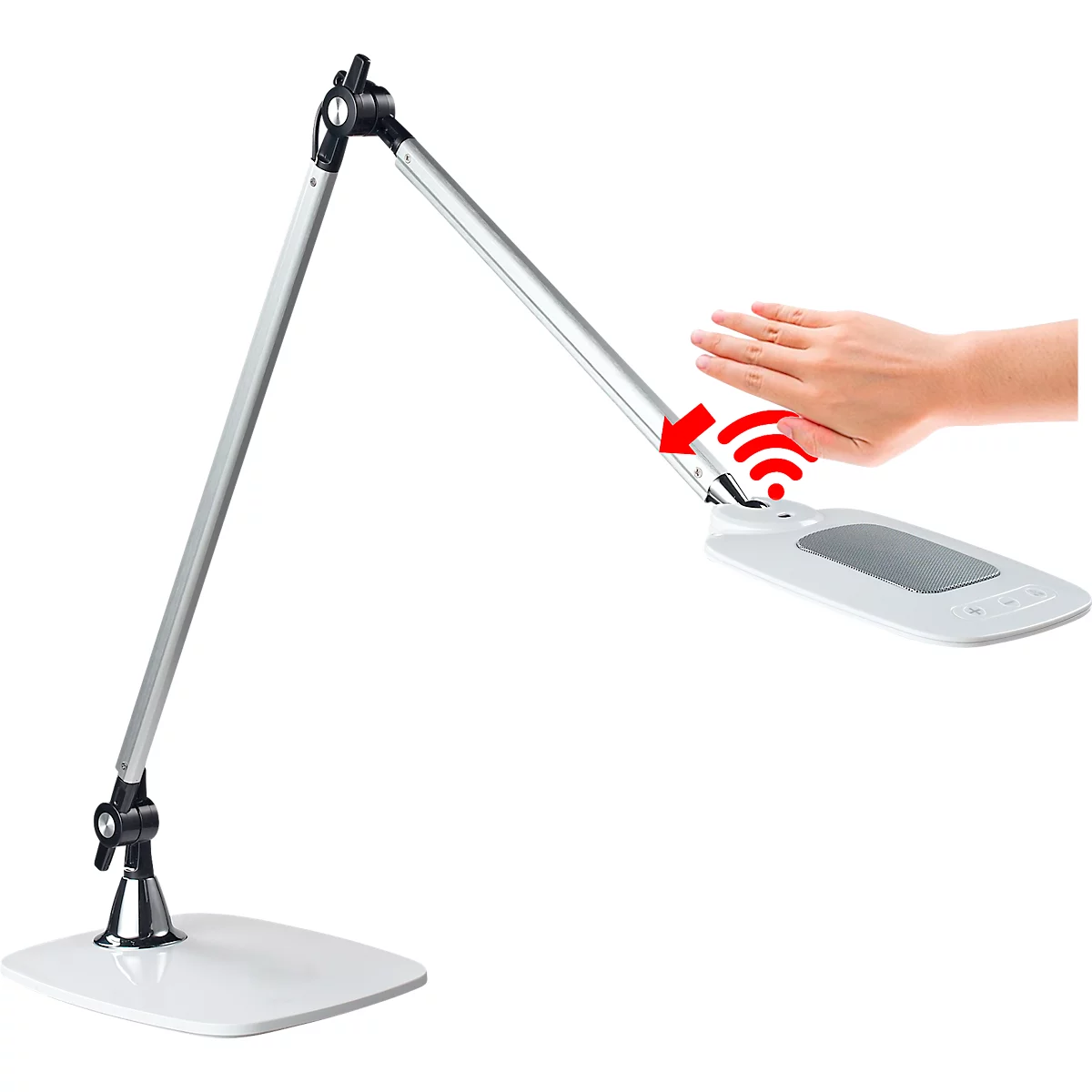 Een witte bureaulamp wordt bediend met een hand die zich in de buurt van de leeskop bevindt. Radiogolven symboliseren bediening.