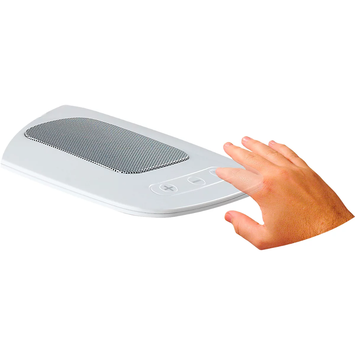Witte microfoon, hand drukt op knop.