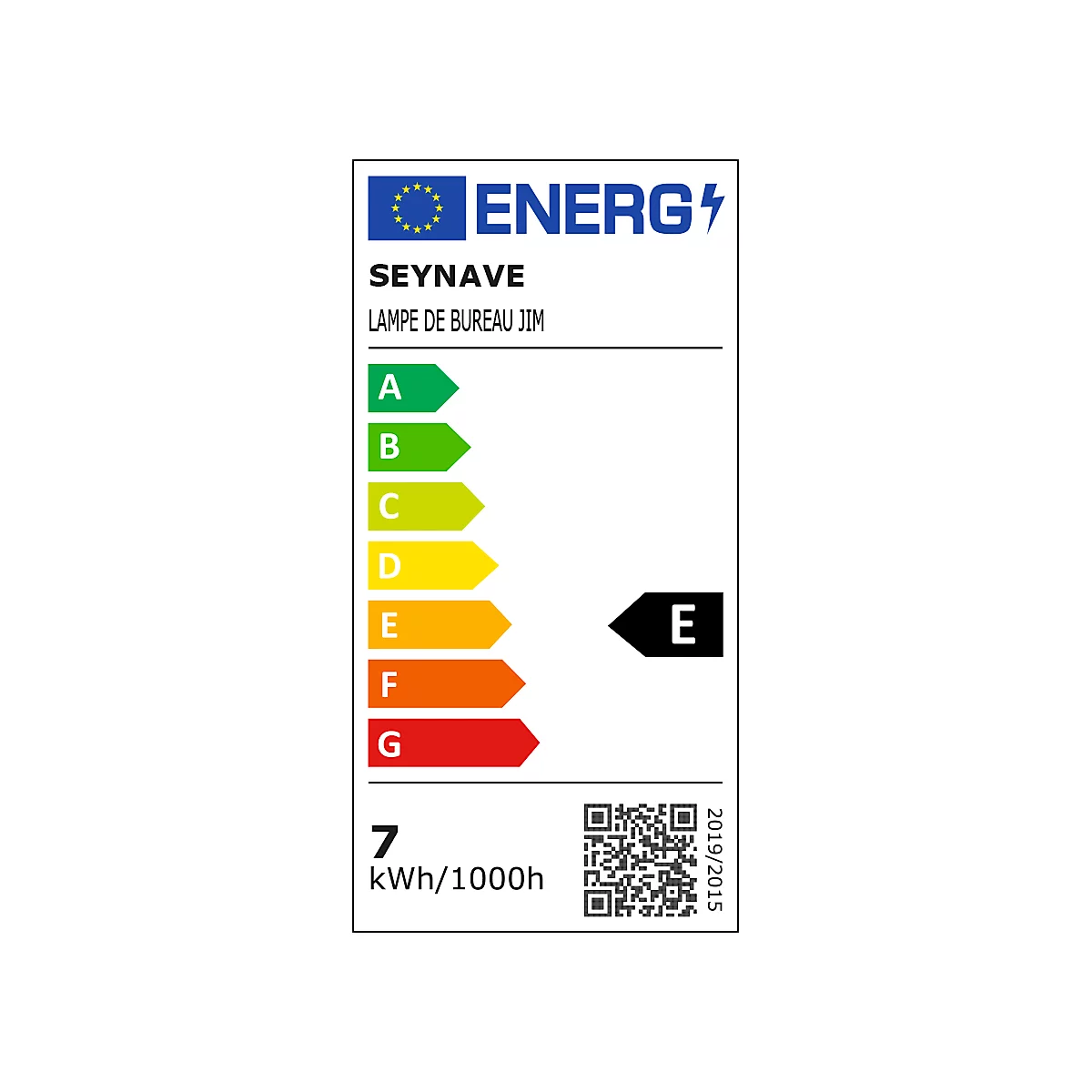 Energielabel voor een bureaulamp. De efficiëntieklasse is E, het verbruik is 7 kWh/1000h.