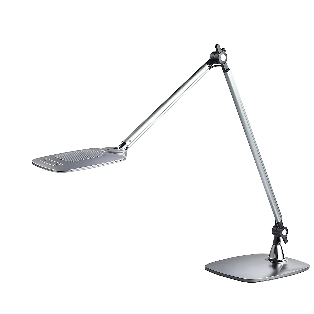 Zilverkleurige bureaulamp met een vierkante voet, twee gelede armen en een rechthoekige lampkop.