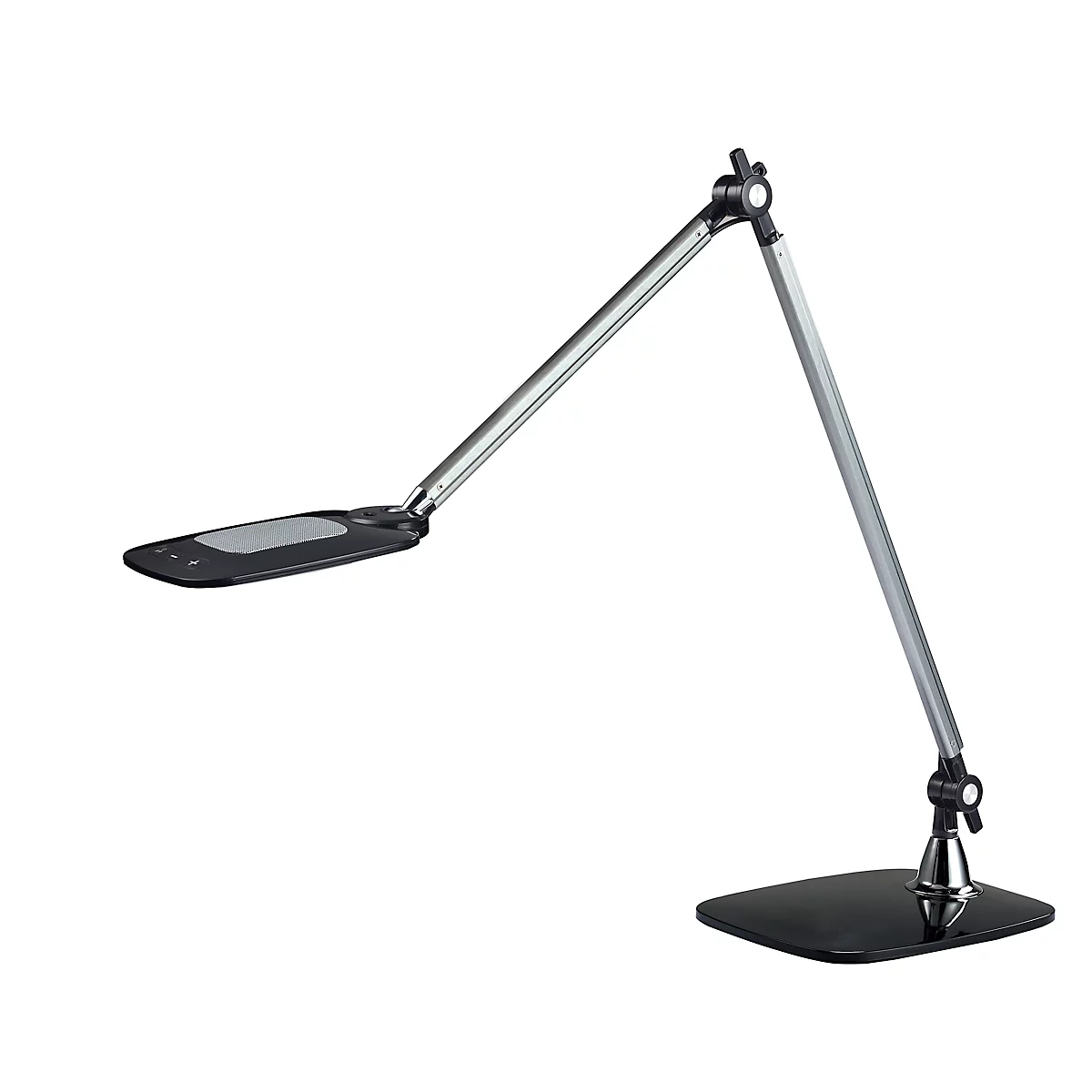 Zwarte bureaulamp met verstelbare armen en een platte lichtkop. Op een witte achtergrond.