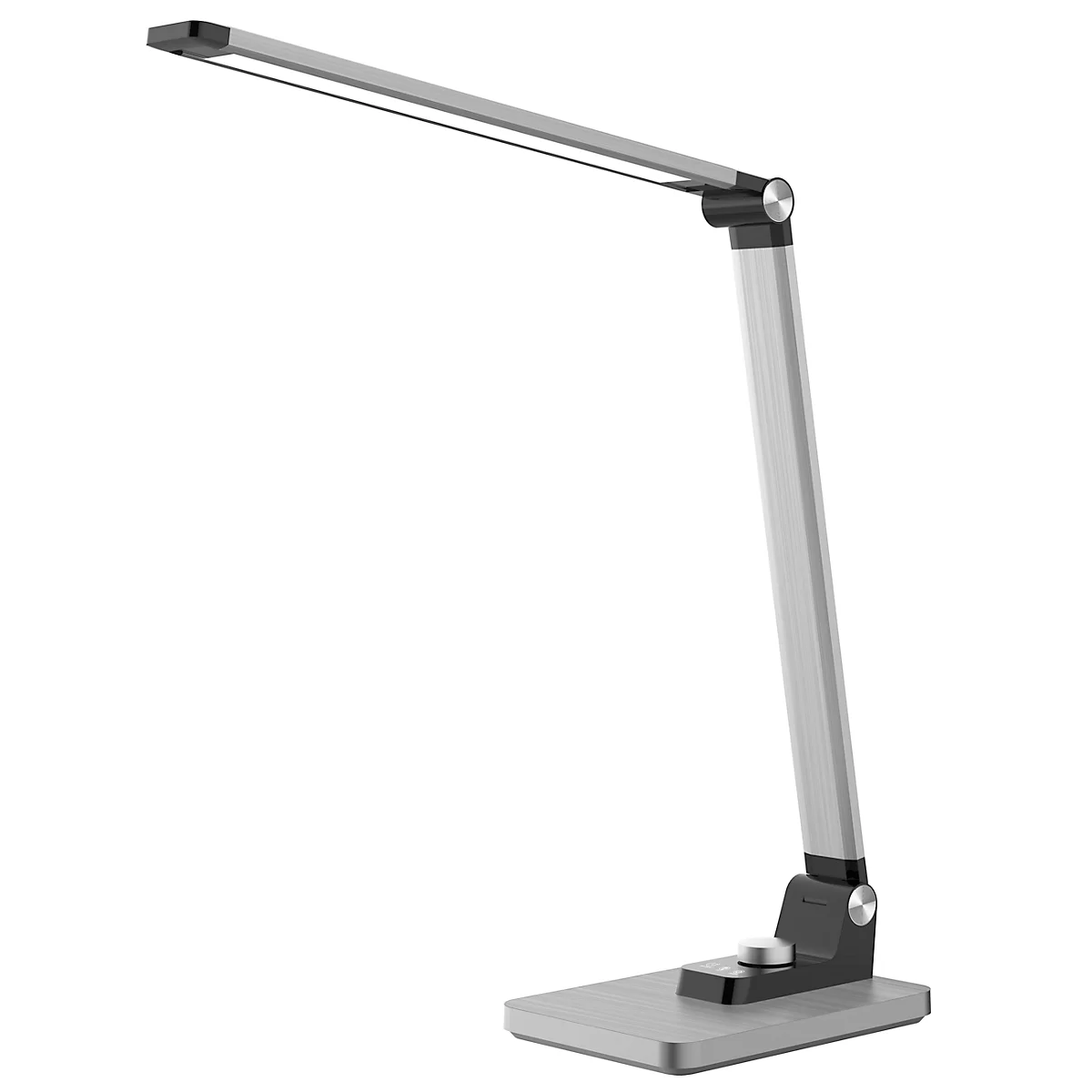 Eine moderne, silberfarbene Schreibtischlampe mit LED-Beleuchtung, die auf einem weißen Hintergrund steht.