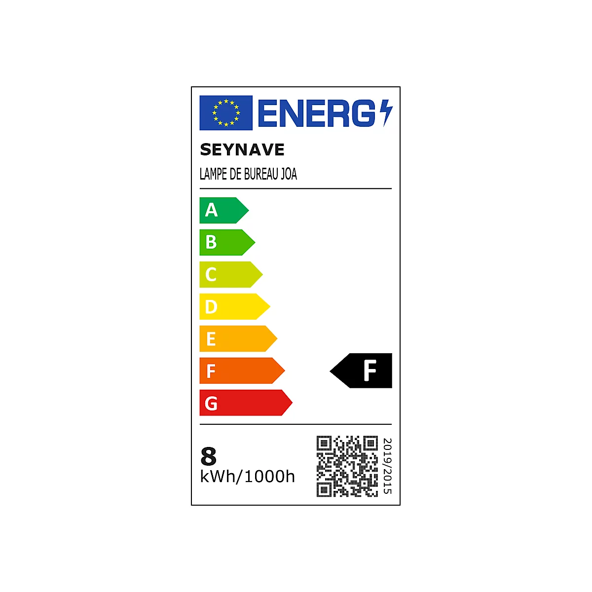 Energieetikett mit Buchstaben A bis G. Ein Pfeil zeigt auf F. Angaben zu Hersteller und Energieverbrauch.
