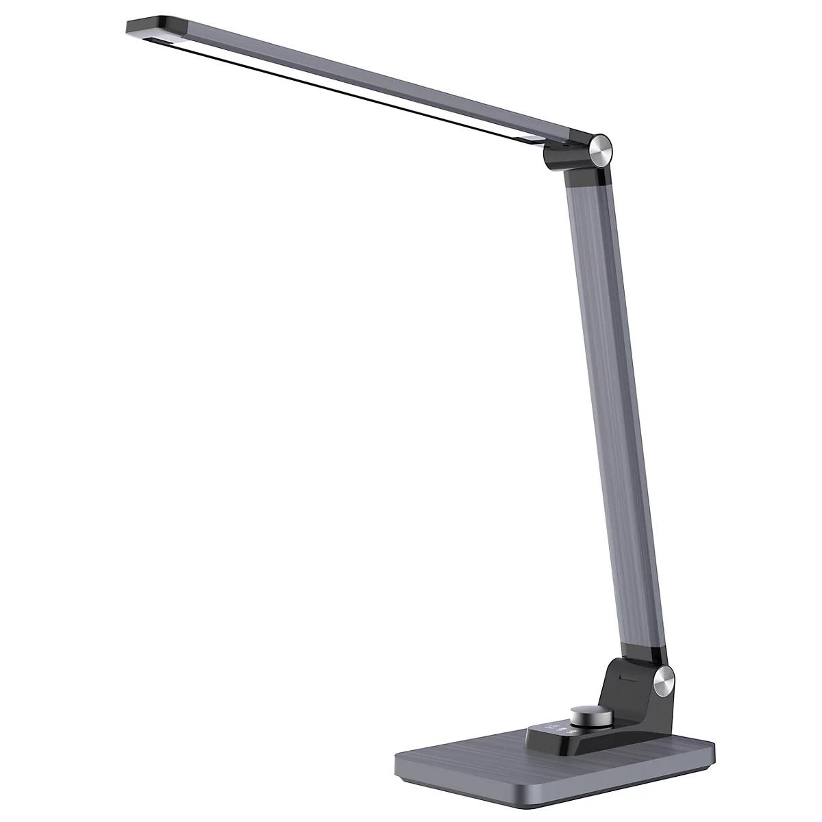 Eine moderne, graue Schreibtischlampe, die auf einem rechteckigen Sockel steht. Der Lampenkopf ist flach und länglich.