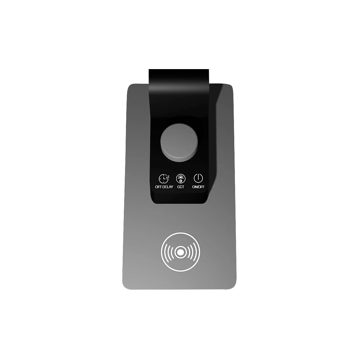 Kabelloses Ladegerät, schwarz-grau. Oben: Knopf, darunter Tasten mit Symbolen. Unten: Kreissymbol. 
