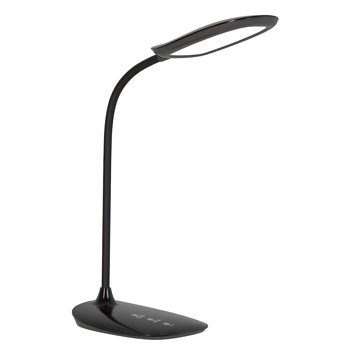 Schwarze LED-Schreibtischlampe, gebogen, mit Touch-Bedienfeld.