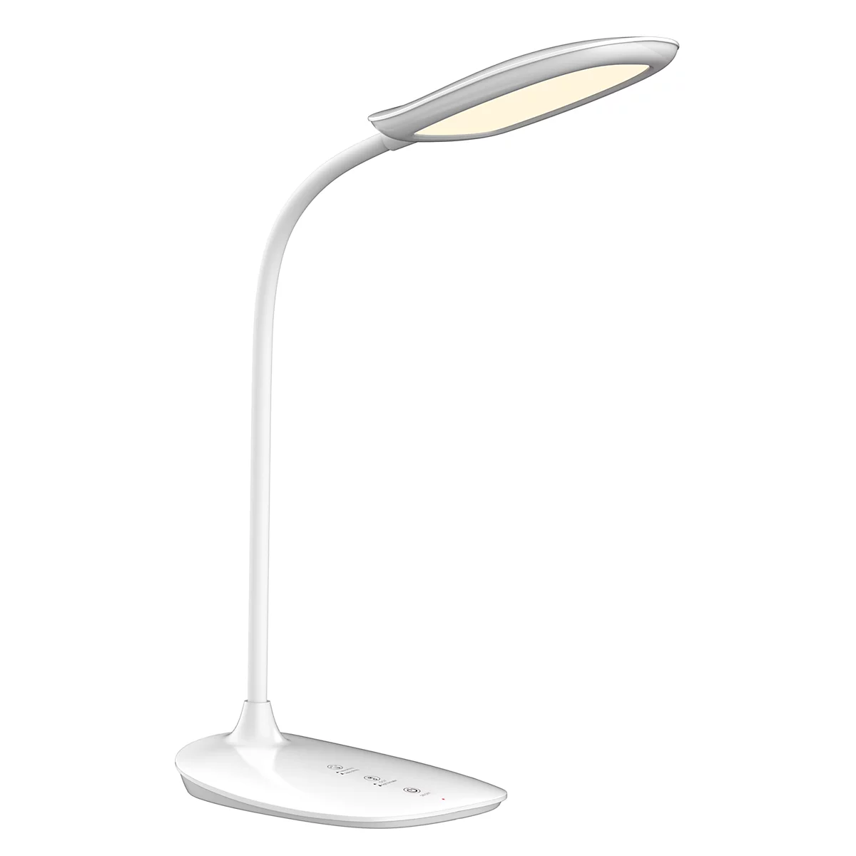 Weiße LED-Schreibtischlampe, gebogen und mit Touch-Steuerung. Das Leuchtmittel ist oval und strahlt helles Licht aus.