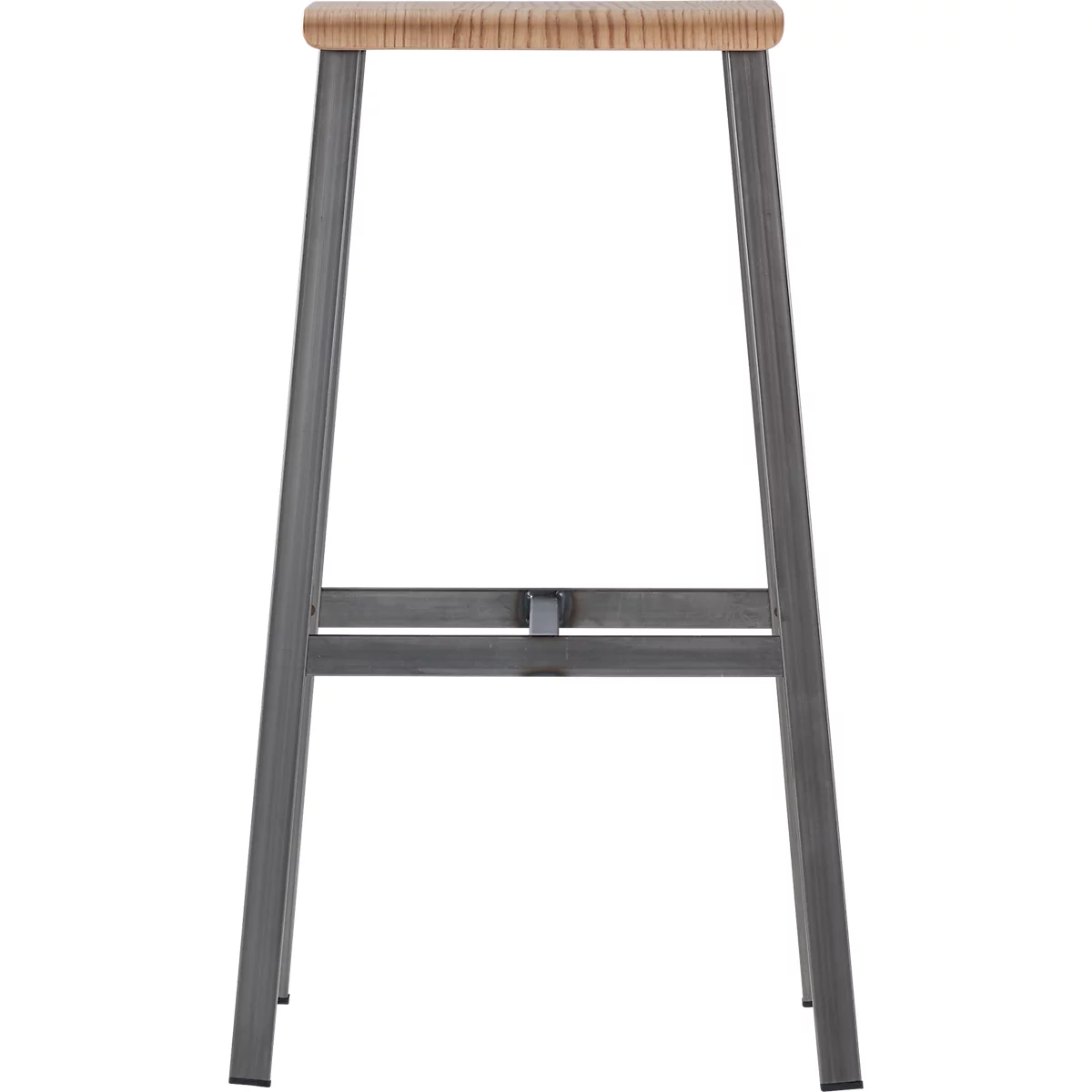 Stool with wooden seat and metal frame. Grey legs, light seat.