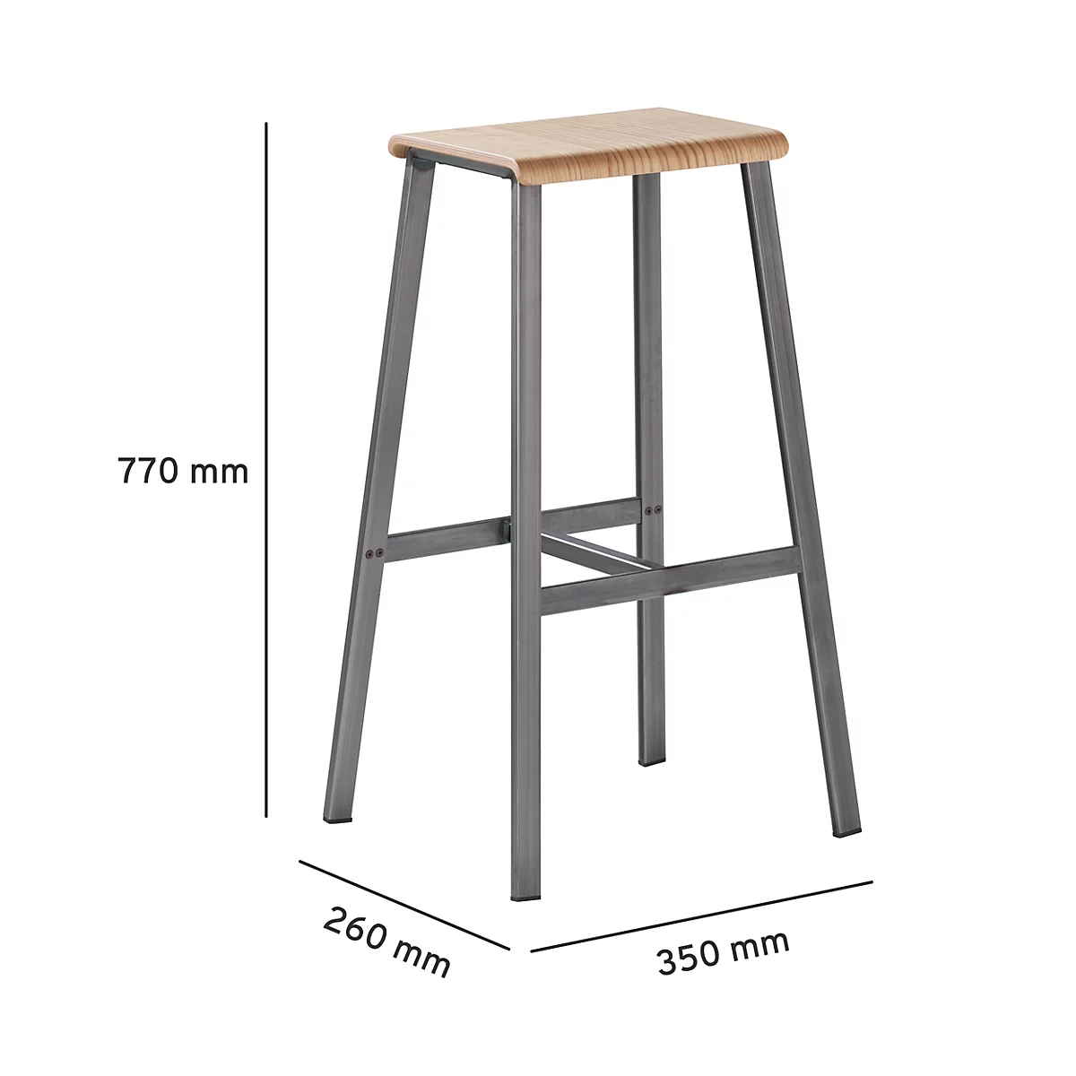 Stool with light brown seat and anthracite-colored metal frame. Dimensions: 770 mm high, 260 mm wide, 350 mm deep.