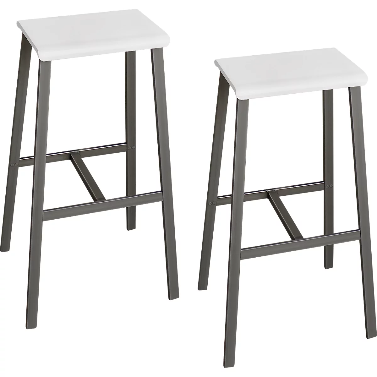 Two bar stools with white seats and gray metal frames.