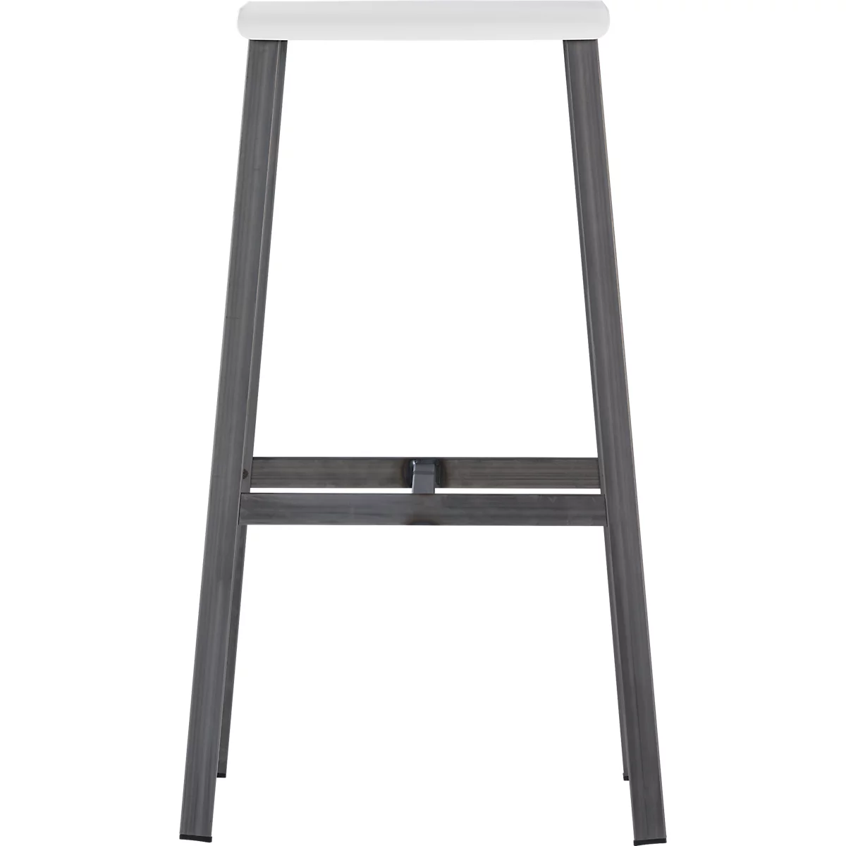 A bar stool with a white seat and gray metal legs. The legs are angled and connected by a horizontal strut.