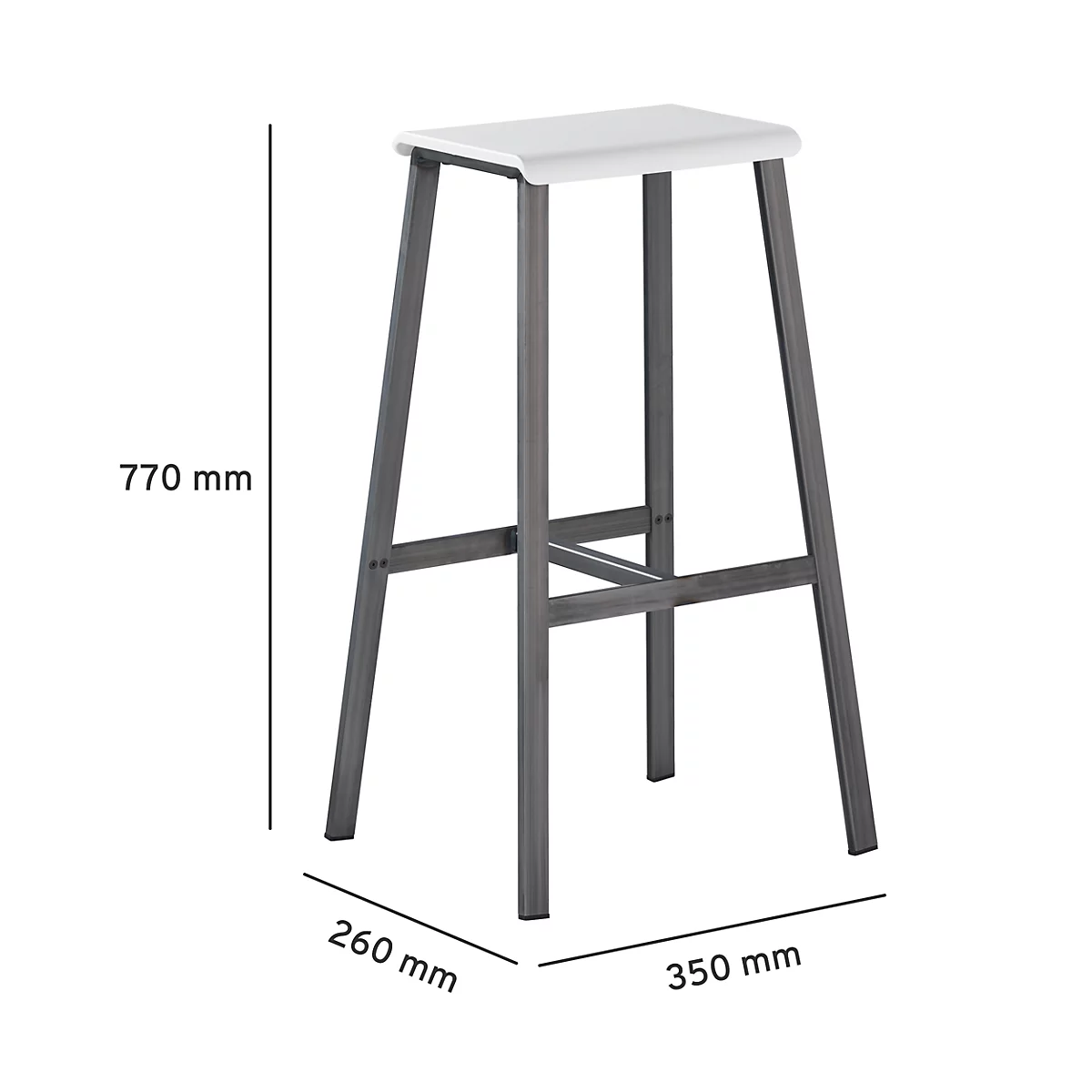 Stool with white seat, gray legs, and dimensions: 770 mm high, 260 mm wide, 350 mm deep.