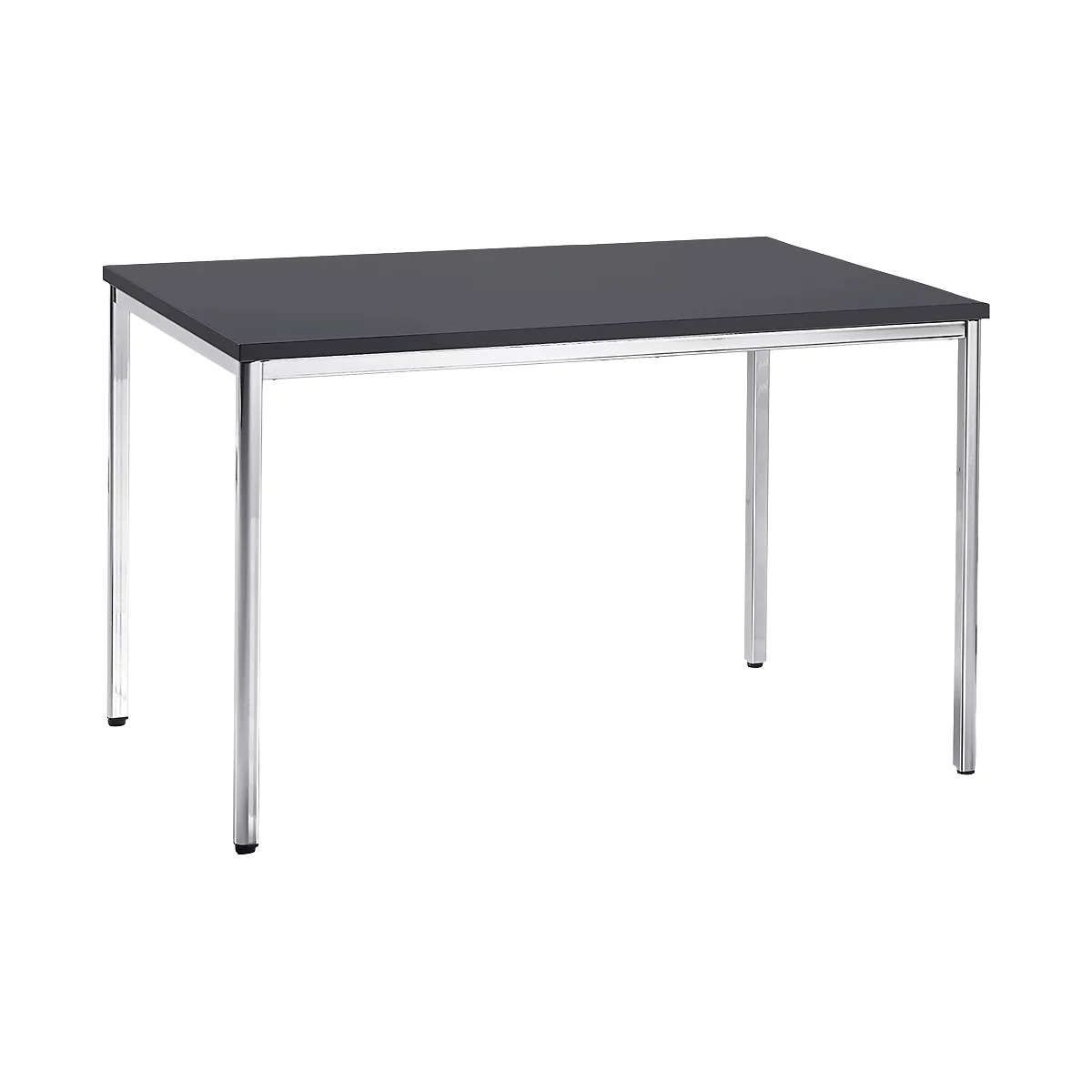 A rectangular table, black tabletop, chrome legs.