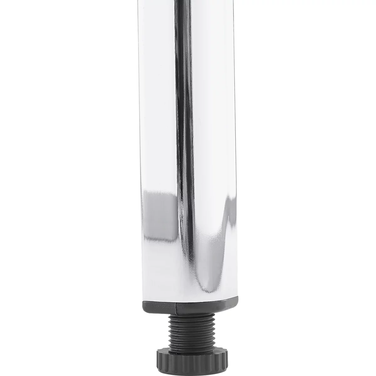 Chrome table leg with black foot. The surface shines and reflects, the foot is ribbed.