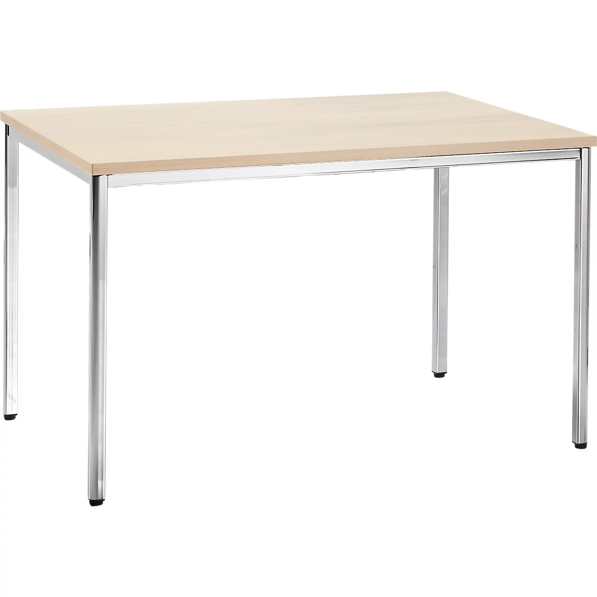 Rectangular, light wood table with silver legs.