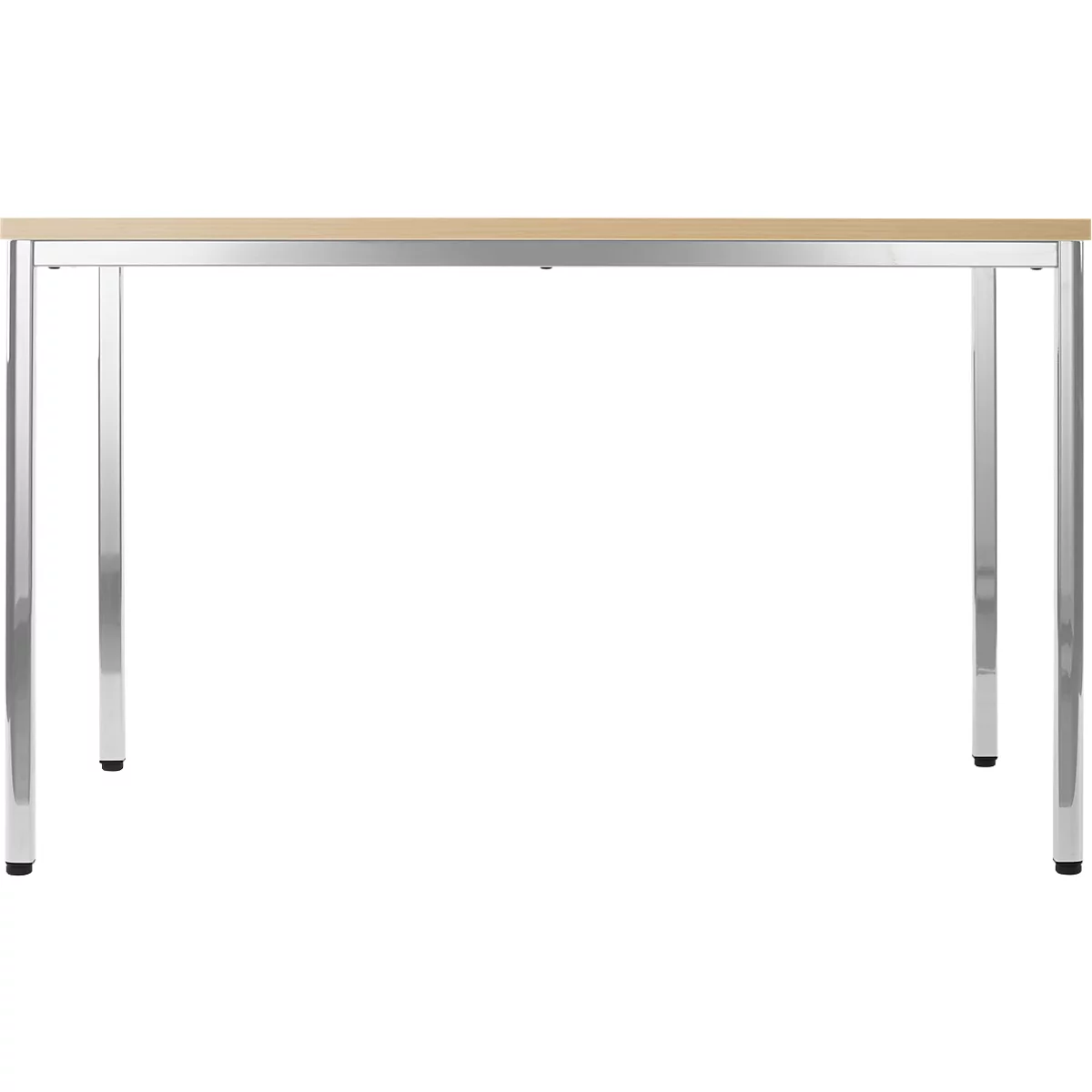 A rectangular table with a light wood top and chrome legs, against a white background.