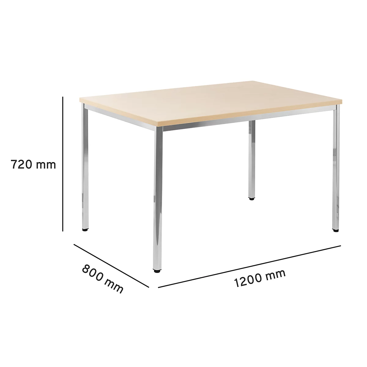 A rectangular table with a light brown table top and silver legs. Dimensions are indicated.