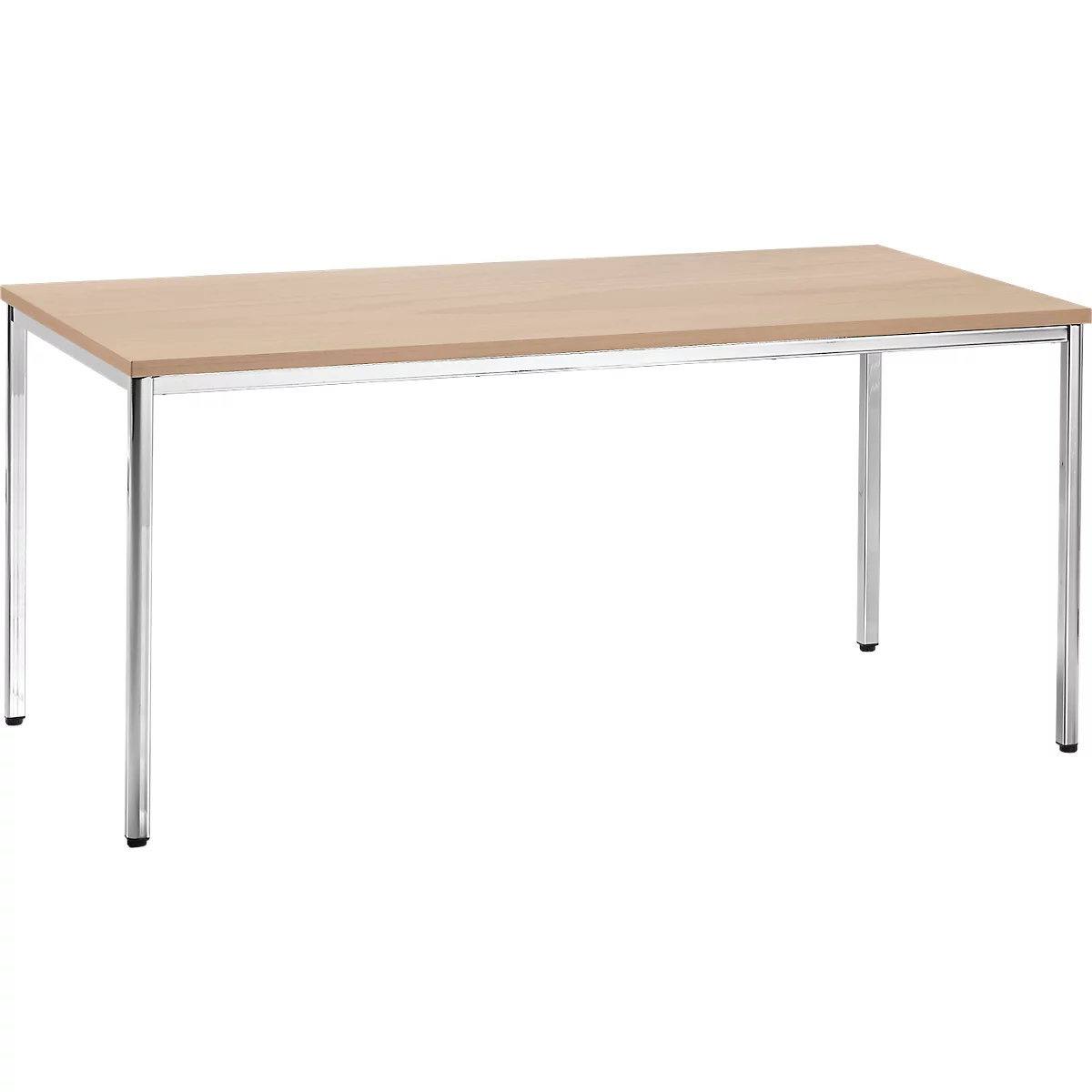 Rectangular, light-colored wooden table with chrome legs. The table is pictured against a white background.
