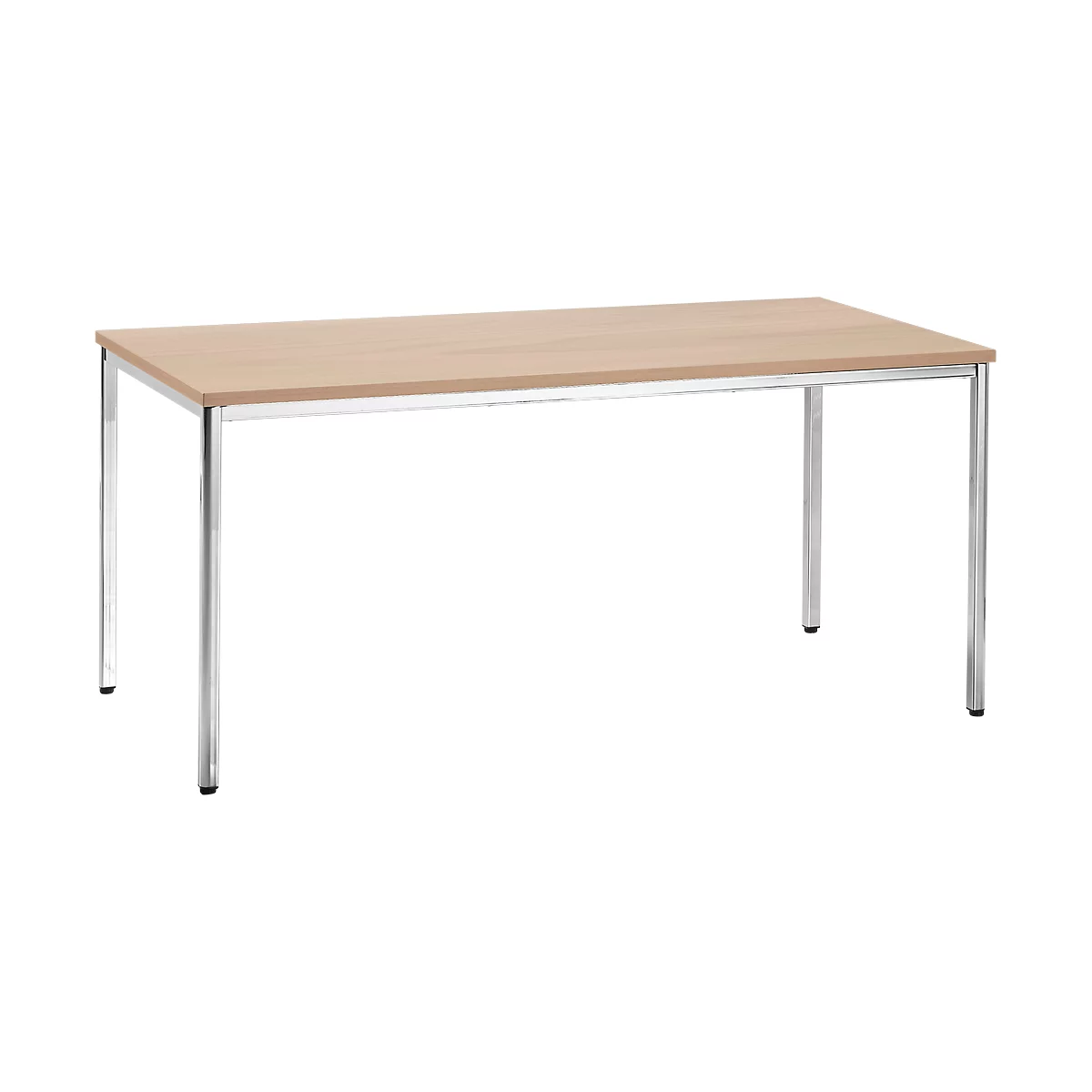 Rectangular table with light brown tabletop and metal legs. The table legs are narrow and silver.