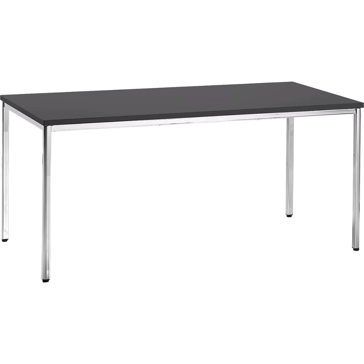 A rectangular table with a dark table top and slender, silver legs.