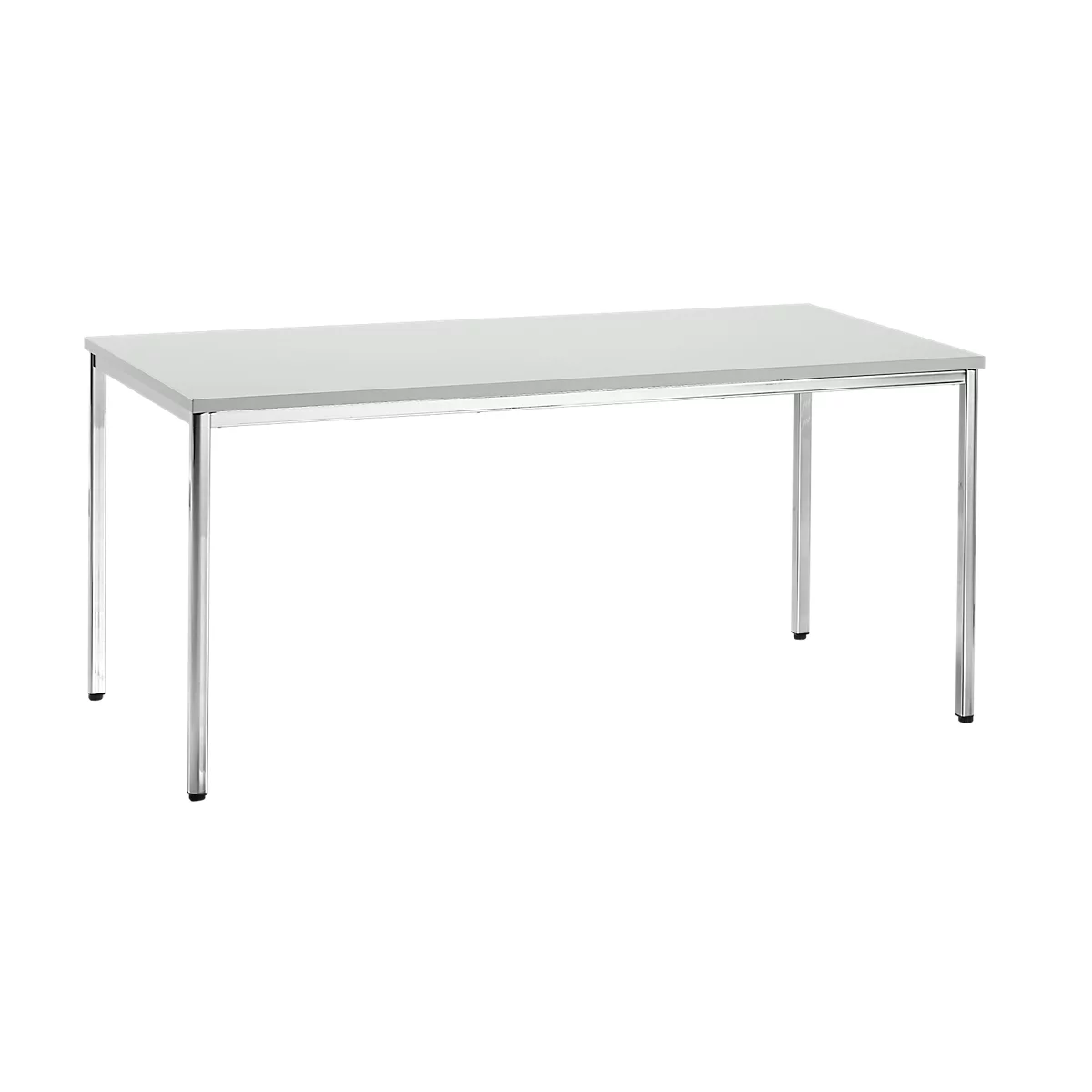 A rectangular gray table with metal legs, set against a white background.