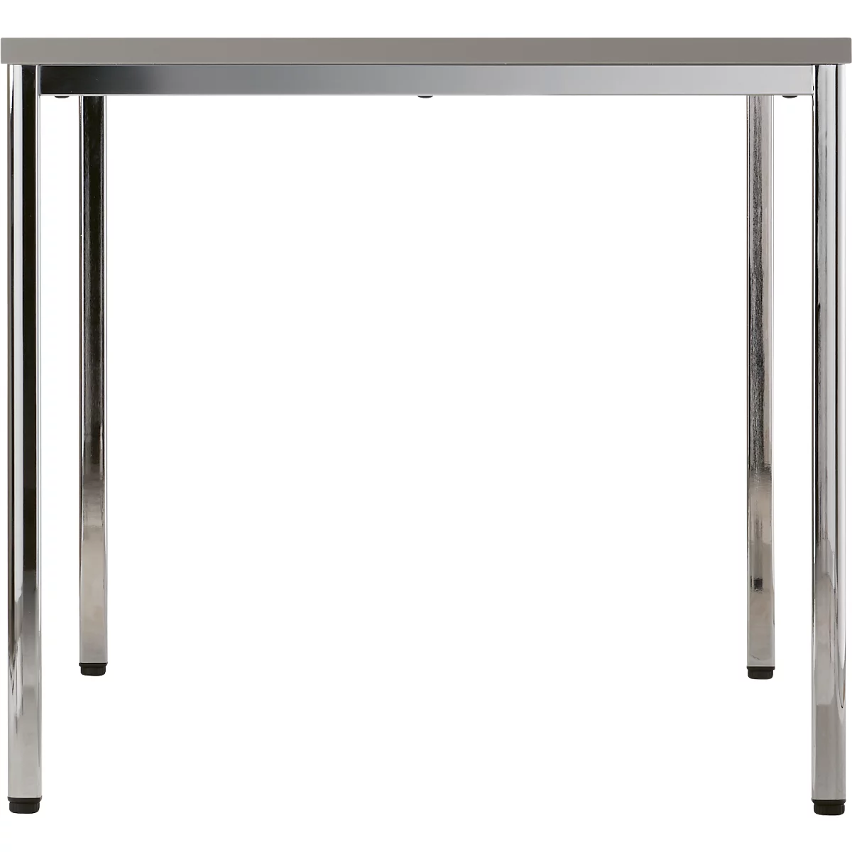 A rectangular table, light gray table top, chrome legs.