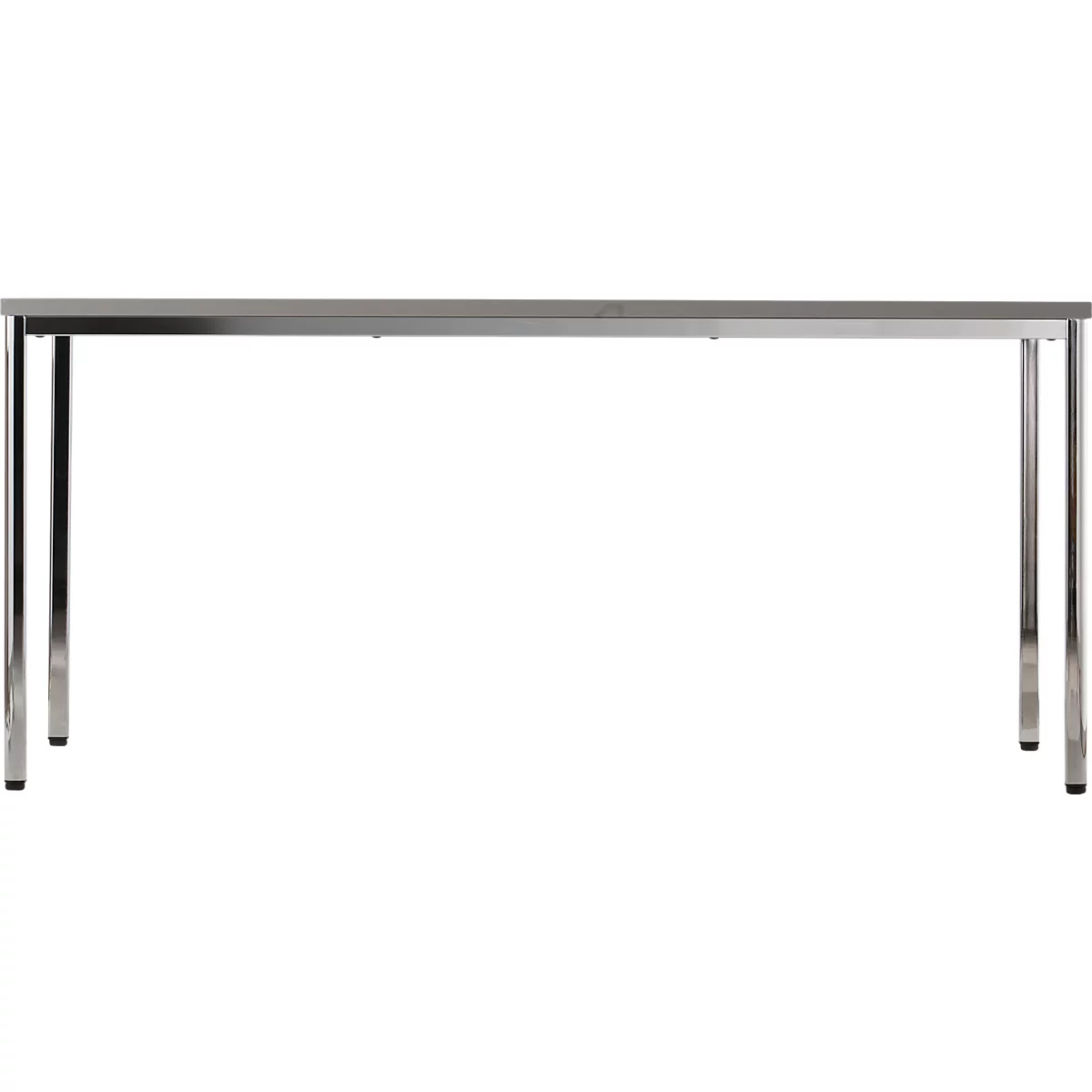 A simple table with metal legs, against a white background. Table top made of grey material.