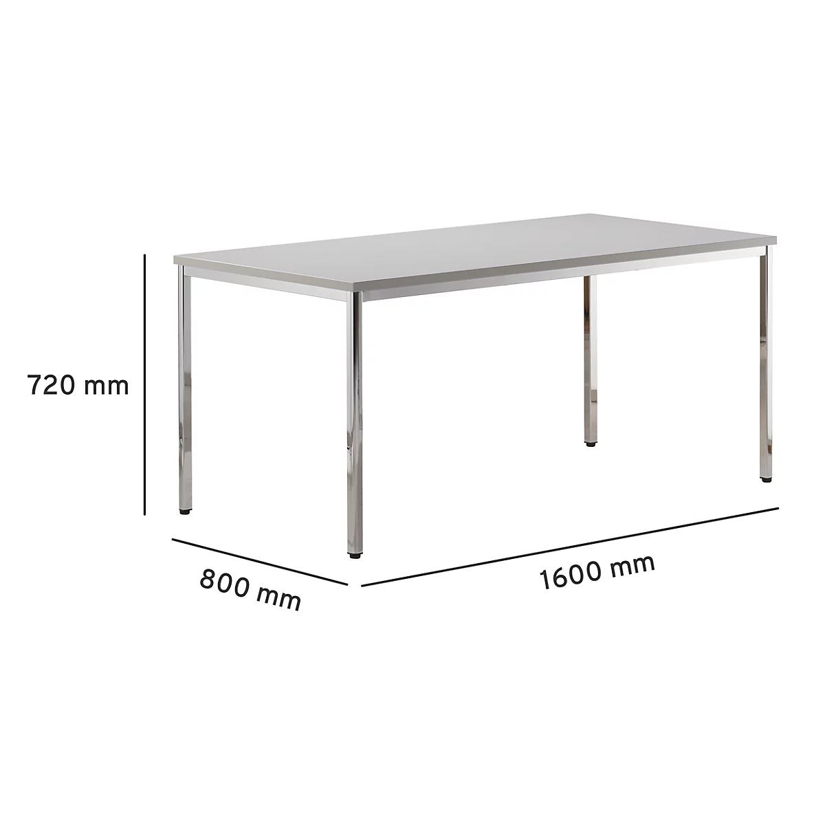Gray table with chrome legs. Dimensions: 1600 x 800 x 720 mm.