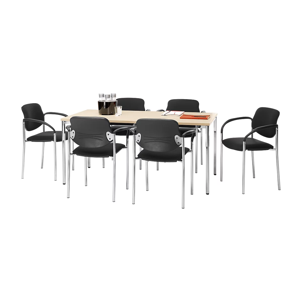 Conference table with chairs, drinks, and documents.